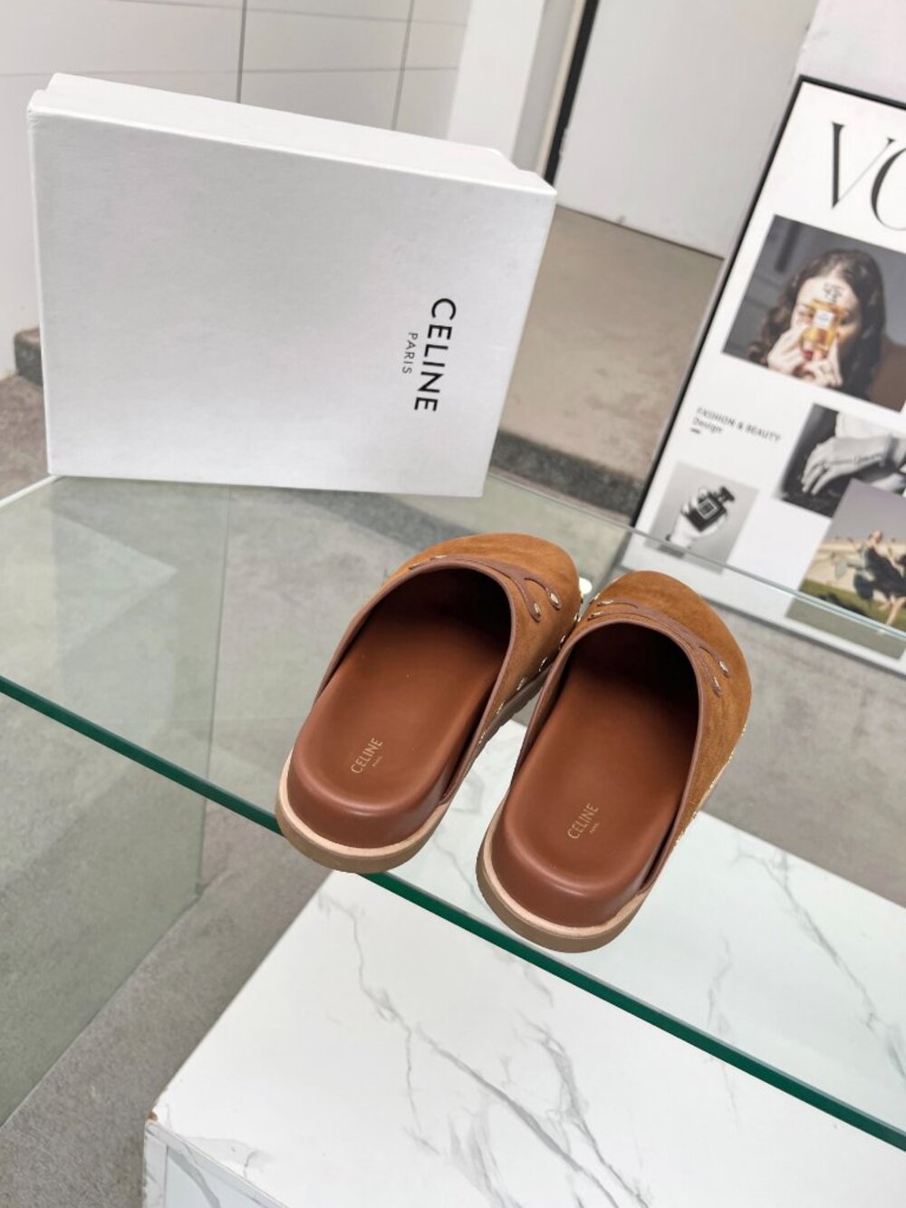 CELINE Calfskin Leather Triomphe Embossed Mules Slides Slippers - Picture 5 of 8